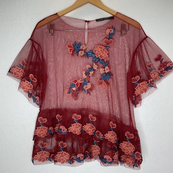 ZARA Red Embroidered Floral Ruffle Tulle Mesh Top Bell Sleeve M - Picture 1 of 9